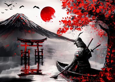 Abstract Samurai Mt fuji oil painting style