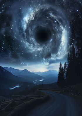 Black Hole Over Mountain Landscape