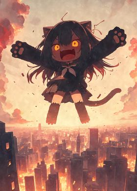 Cat Girl Over City