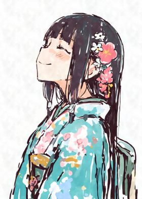 Smiling Anime Girl in Kimono