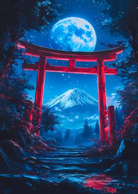 Mount Fuji Night Scene Torii Gate