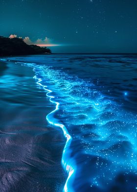 Blue Glowing Beach at Night