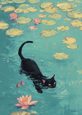 Black Cat Swimming in Pond