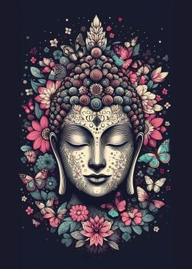 Buddha with Flowers and Butterflies