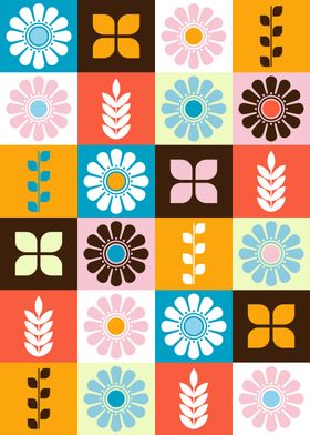 Retro Floral Colorful Block Pattern