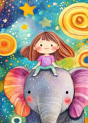 Girl Riding Elephant in Space