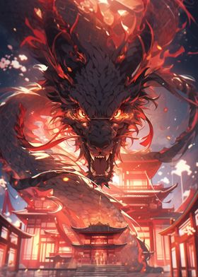 Fiery Dragon Over City