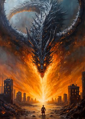 Dragon Over City Painting