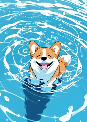 Smiling Corgi in Water