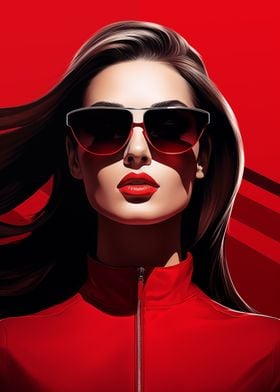 Woman in red and glasses