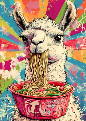 Llama Eating Ramen Japan Retro