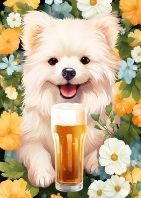 Dog with Beer in Flower Garden