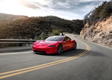 Red Tesla Roadster on Winding Road