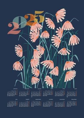 calendar 2025 Linocut flowers blue