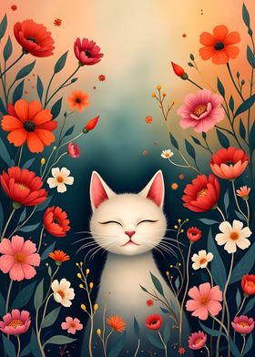 Whimsical Cat Among Blooming Flowers  Fine Art 