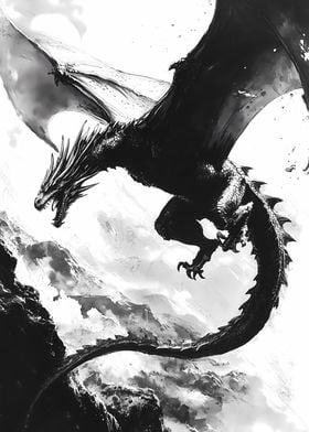 Black Dragon Soaring Ink Art