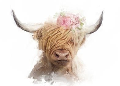 Highland Cow with Flowers