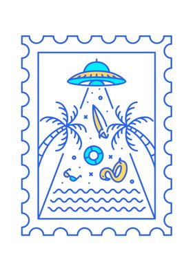 Summer Ufo Invasion Postal Stamp