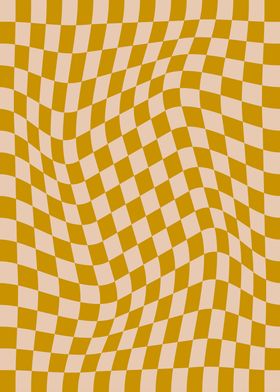 Retro Wavy Abstract Checkerboard in Mustard Yellow