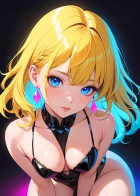 Anime Girl with Blue Eyes Wearing Black Bikini