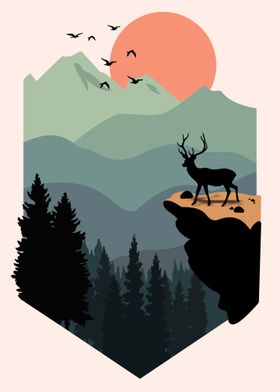 Deer Silhouette Mountain Sunset