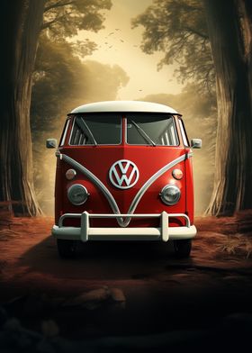 Red VW T1 Bus in Forest