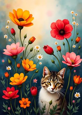 Cat in a Flower Garden