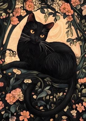 Black Cat in Floral Frame