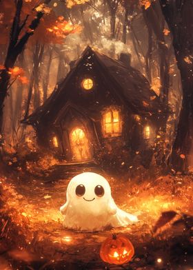 Cute Ghost Halloween Scene