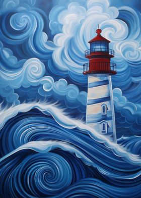 Lighthouse in Stormy Sea Blue