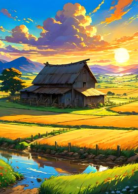 Sunset Farm Scene