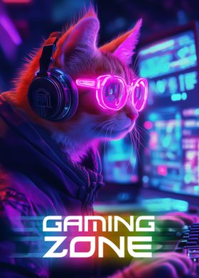 Gamer Cat with Neon Glasses - Gaming Zone