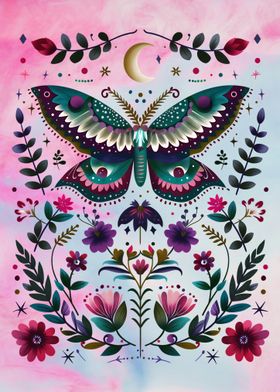 Folk Art Floral Moth Illustration