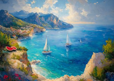 Coastal Landscape with Sailboats