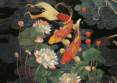 Koi Fish and Lotus Flowers