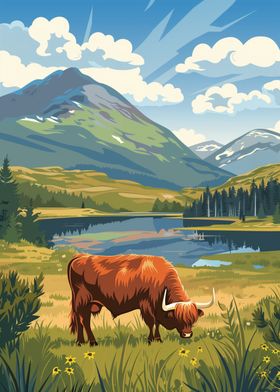 Highland Cow in Mountain Landscape