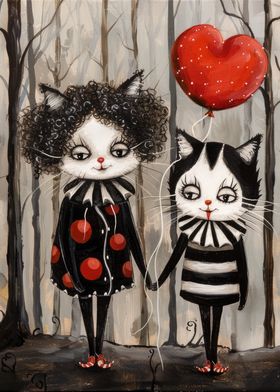 Circus Clown Cats with a Red Balloon