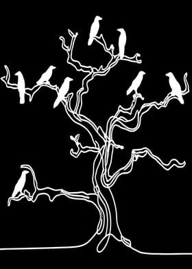 Crows on a Bare Tree Line Drawing