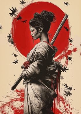 Samurai Woman with Red Sun