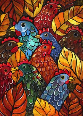 Colorful Chickens in Leaves