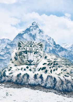 Snow Leopard over the Mountains