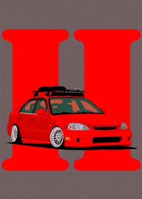 Red Honda Civic with Roof Rack