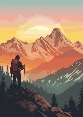 Mountain Hiker at Sunset