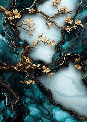 Gold Branch on Teal Marble