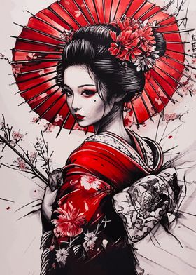 Geisha with Red Umbrella