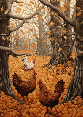 Autumn Roosters in Woods