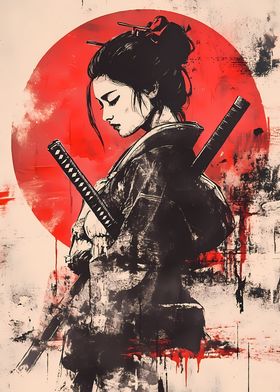 Samurai Woman with Red Sun