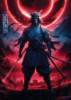 Samurai Warrior with Red Moon