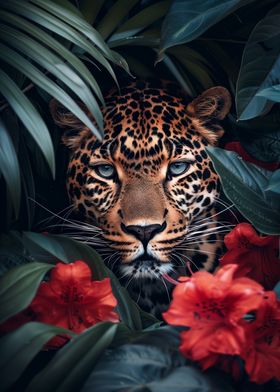 Leopard in Jungle Red Flowers