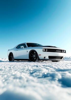 White Dodge Challenger in Snow